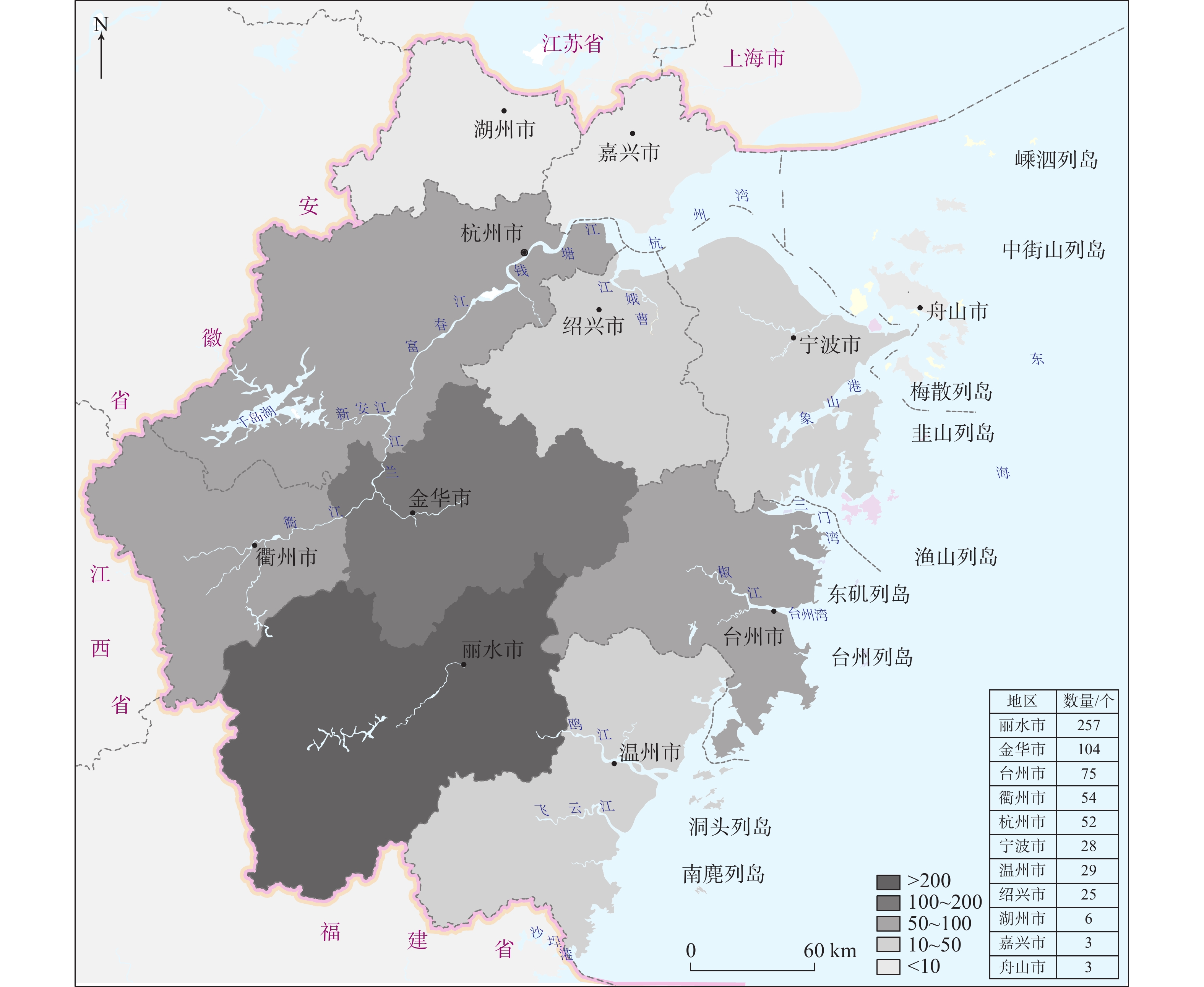 浙江省传统村落市域分布统计图（李天宇等, 2020）